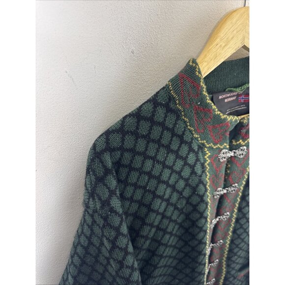 Northfjord of Norway 100% Wool Norwegian Cardigan Sweater Green Heart Pattern S - Picture 3 of 5